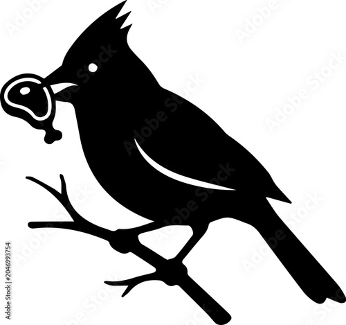 black cardinal eating meat on branch