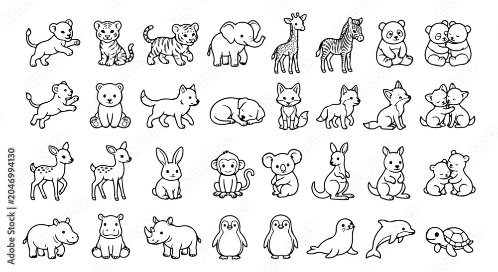 Fototapeta premium Cute baby animals line art collection, 32 hand drawn safari and forest animal icons, black and white vector illustrations for coloring