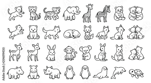Schilderij op canvas Cute baby animals line art collection, 32 hand drawn safari and forest animal ic