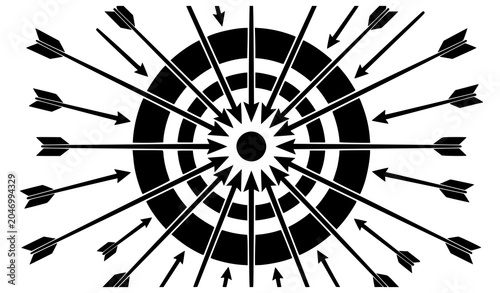 Bild auf Leinwand Abstract black and white target with multiple arrows converging on bullseye vect