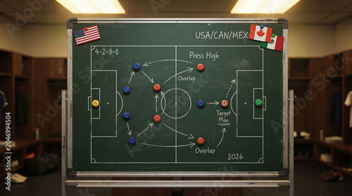 Soccer Tactics Board in Locker Room with USA Canada Mexico Flags