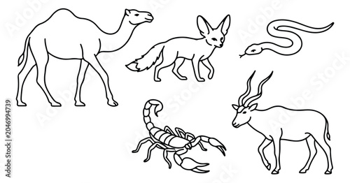 Bild auf Leinwand Desert animals line art collection, set of 5 black and white vector icons, camel