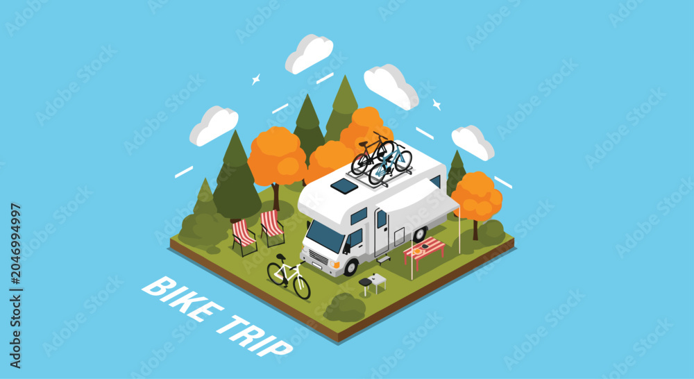 Fototapeta premium Scenic outdoor camping site featuring a white motorhome equipped with bicycles parked in a lush autumn forest landscape for a perfect weekend getaway.