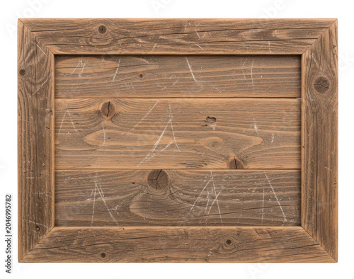 Distressed rustic wooden frame with weathered grain textures and knots isolated transparent background image