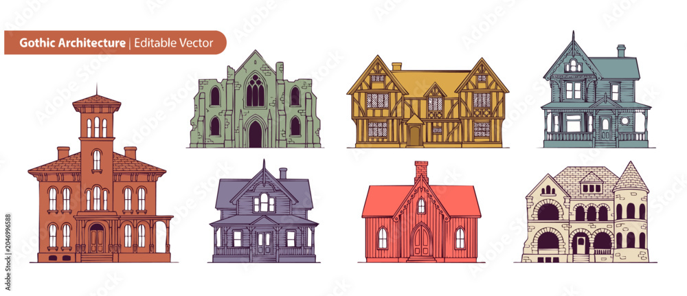 Fototapeta premium Gothic house vector illustration set featuring historic Victorian mansions, medieval castle buildings, Tudor cottages, and retro European classic architecture facades graphic design elements.