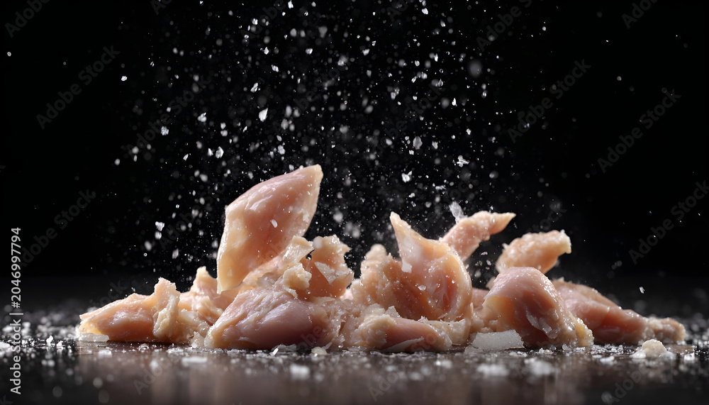 Fototapeta premium Chicken meat falls on a black wet table.