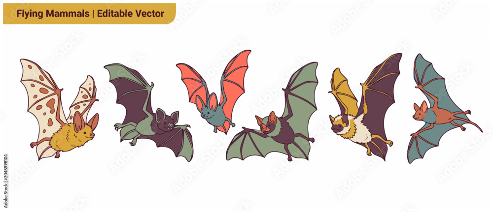 Obraz premium Flying bat vector illustration set with cute cartoon mammals isolated on white background. Colorful spooky halloween animals kit graphic elements, gothic wildlife mascot collection for sticker design.