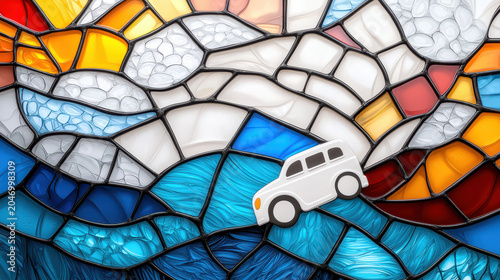Vibrant stained glass image featuring colorful waves and stylized car, evoking sense of adventure and creativity