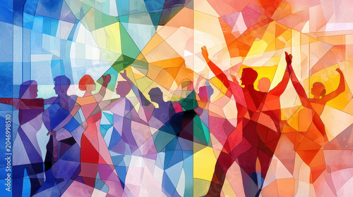 Colorful abstract stained glass style image depicting joyful dancers in vibrant hues, expressing movement and celebration