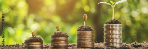 Plant sprouts emerge from stacks of coins