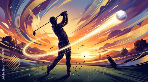 Golfer Swinging on Vibrant Golf Course With Dynamic Motion and Colorful Energy Trails Social Media Post Background