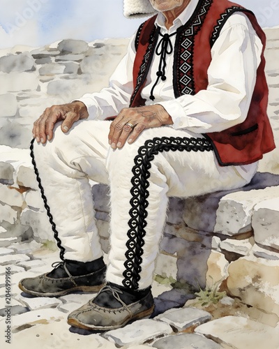 Albanian Elder Man in Traditional Tirq and Xhamadan — Watercolor Illustration, Black Braid Detail, Rural Village, Highland Identity
