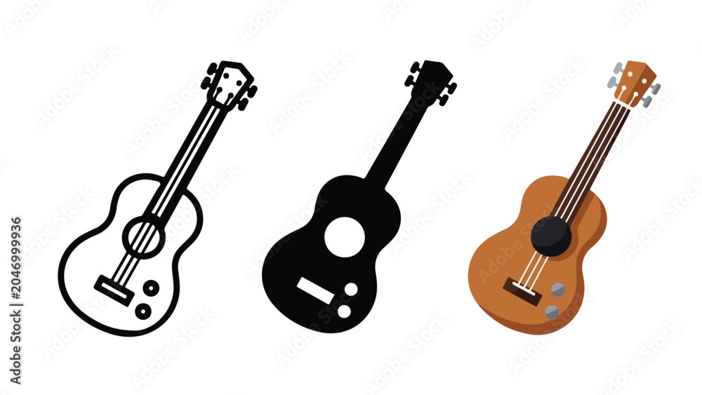 Fototapeta premium Acoustic guitar ukulele vector icon set: Clipart, sticker - icon set - Line and glyph solid icon and logo template 