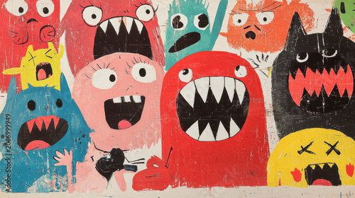 Colorful cartoon characters with exaggerated features and expressions, showcasing playful and whimsical design. vibrant colors and bold shapes