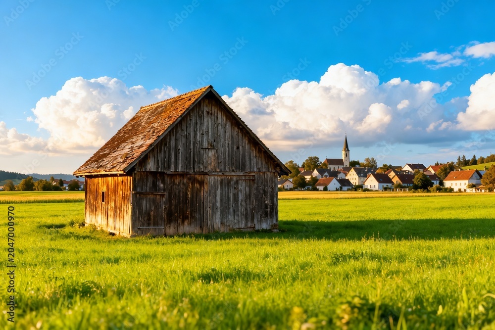 Obraz premium Rustic Barn in Lush Green Field with Village Skyline