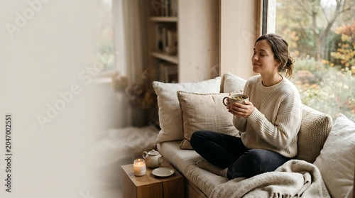 Woman enjoying a warm beverage in a cozy window seat at home