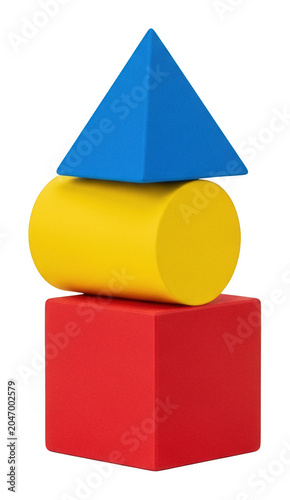 Matte red cube, yellow cylinder, and blue pyramid stacked in primary colors isolated transparent background image