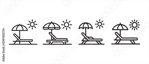 Set of beach lounge chair and sun umbrella line icons for summer vacation travel design elements.