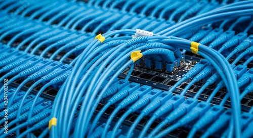 Blue ethernet cables connected to a network switch with yellow and white labels