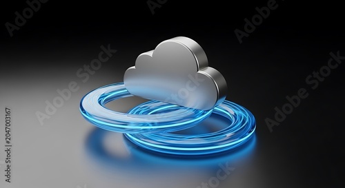 3d rendered cloud computing icon with blue glowing circle on dark background