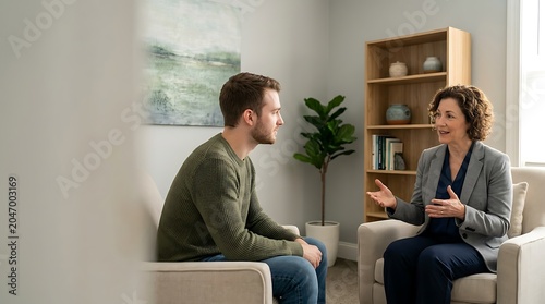Young man listening to a professional woman in a counseling session