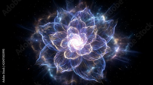 Abstract glowing celestial plasma flower blooming in dark cosmic space with ethereal light and energy