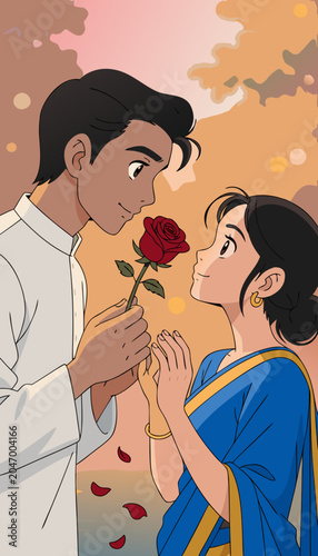 Young man offers a rose to a woman in traditional Indian attire during a romantic sunset