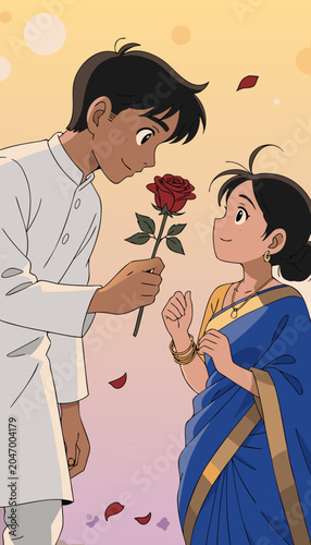Young man offers red rose to smiling woman in sari with soft bokeh lights