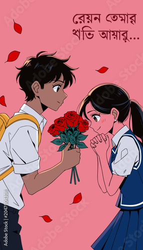 Young man offers roses to a shy girl during romantic school day with falling petals
