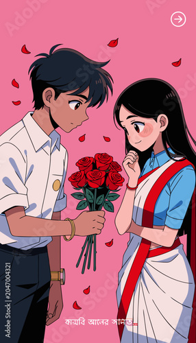 Young man offers roses to shy woman in traditional saree with falling petals