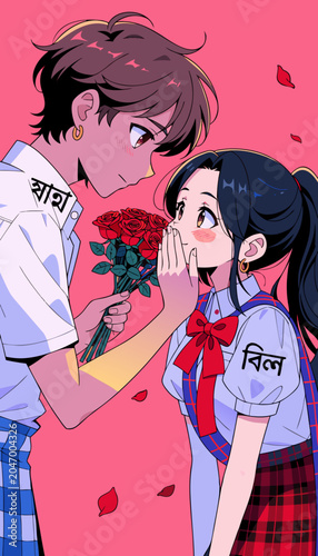 Young man offers roses to shy girl during romantic school moment with falling petals