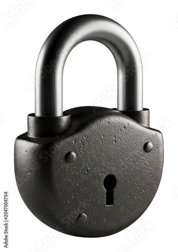 Rugged antique metal padlock with a textured iron body and brushed steel shackle isolated transparent background image