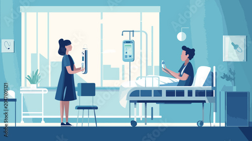 Hospital room with two nurses attending to a patient in bed