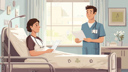 Female patient in hospital bed talking to male doctor near window