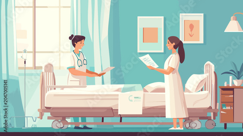 Two nurses discuss paperwork beside a hospital bed in well-lit room