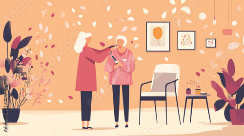 Two women smiling in a cozy room with plants and framed art