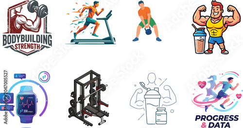 Schilderij op canvas Fitness and Bodybuilding Vector Set Featuring Treadmill Running Kettlebell Worko