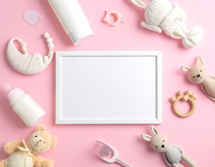 A pink background with baby items and a white frame