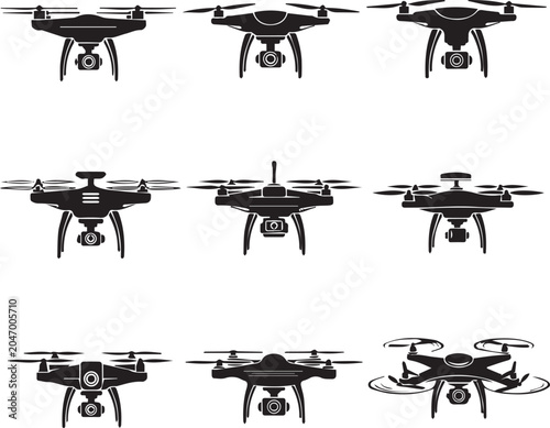 Canvas Print Drone Quadcopter with Camera set collection pack black icon silhouette vector fl