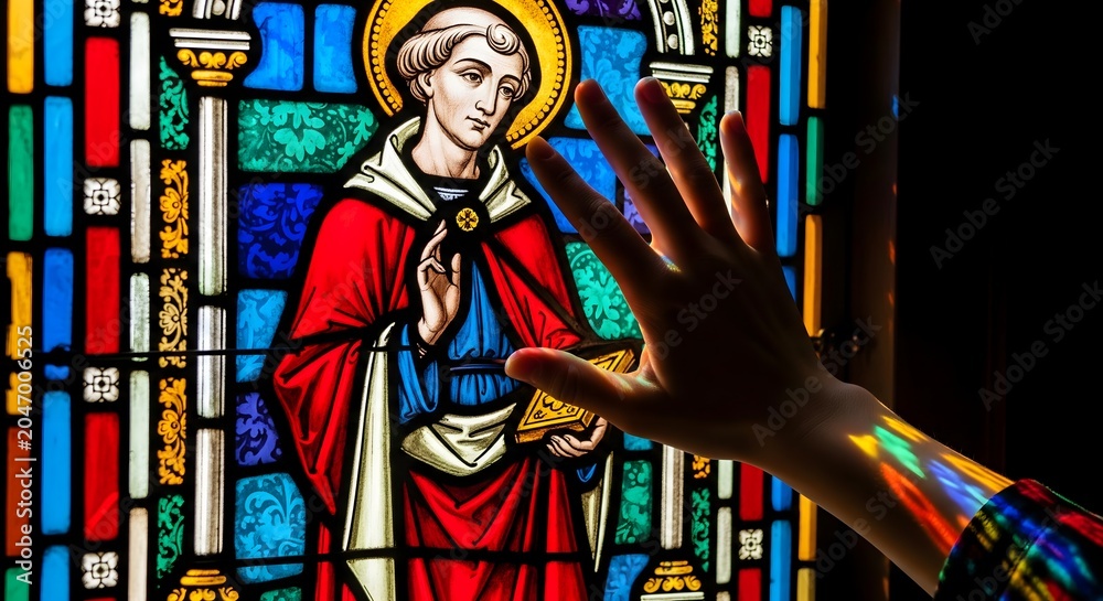Fototapeta premium Hand reaching towards a colorful stained glass window depicting a saint
