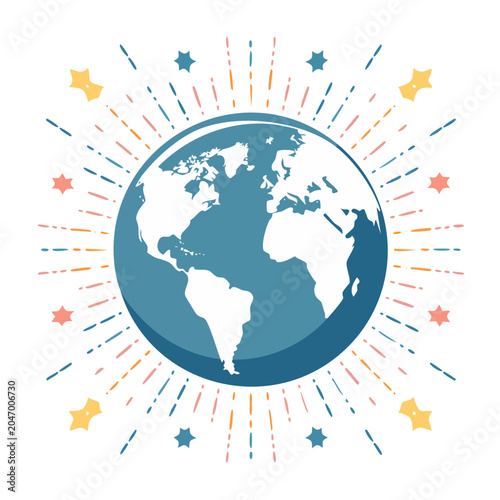 Stylized Earth globe with sunburst and stars