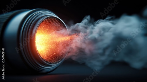 An abstract engine exhaust releasing glowing particles and smoke into the darkness.