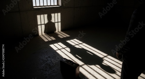 Person's shadow behind prison bars, demonstrating World Day Against Trafficking in Persons, symbolizing human exploitation, modern slavery, forced labor, restricted freedom and captive existence.