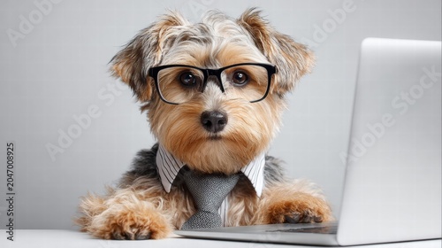 Yorkshire Terrier wearing glasses and a tie, working on a laptop.