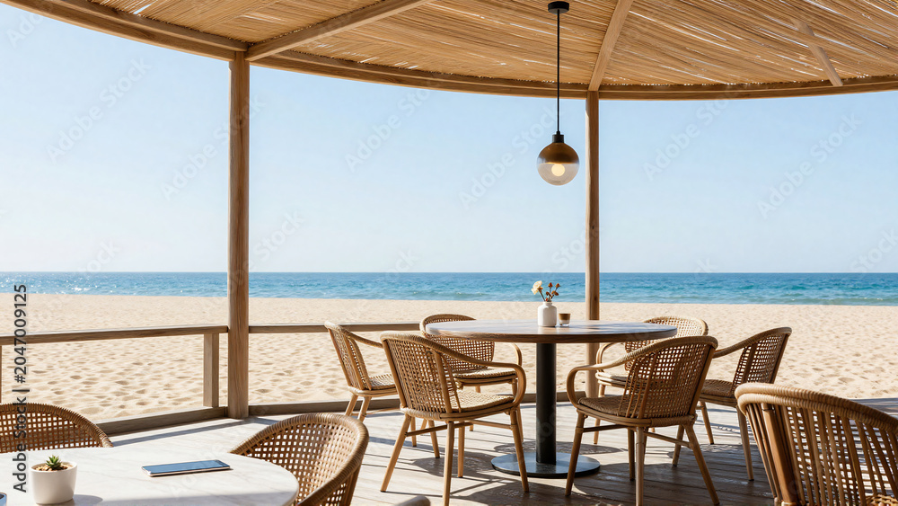 Obraz premium Relaxing beachside dining with ocean views under a woven pergola