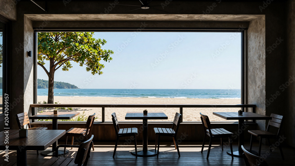 Fototapeta premium Beachfront cafe with ocean view and tropical trees