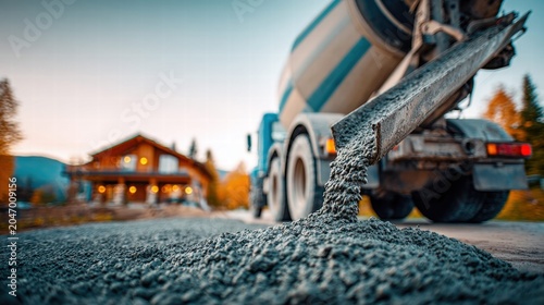 Concrete being poured from a cement truck on a construction site near a home.