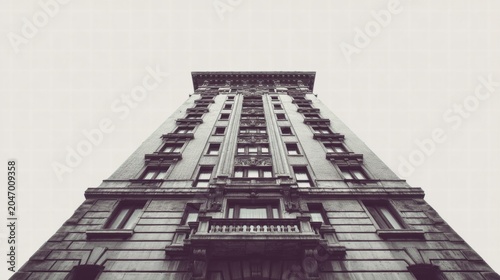 Low angle view of a classic skyscraper against a cloudy sky