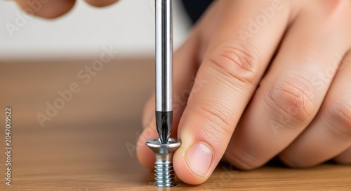 Hand using a screwdriver to tighten a metal screw into wooden furniture