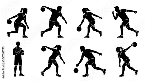 Dynamic bowling player silhouette vector collection featuring male and female athletes in action poses—throwing, aiming, and rolling balls—for sports, fitness, and competition design projects.